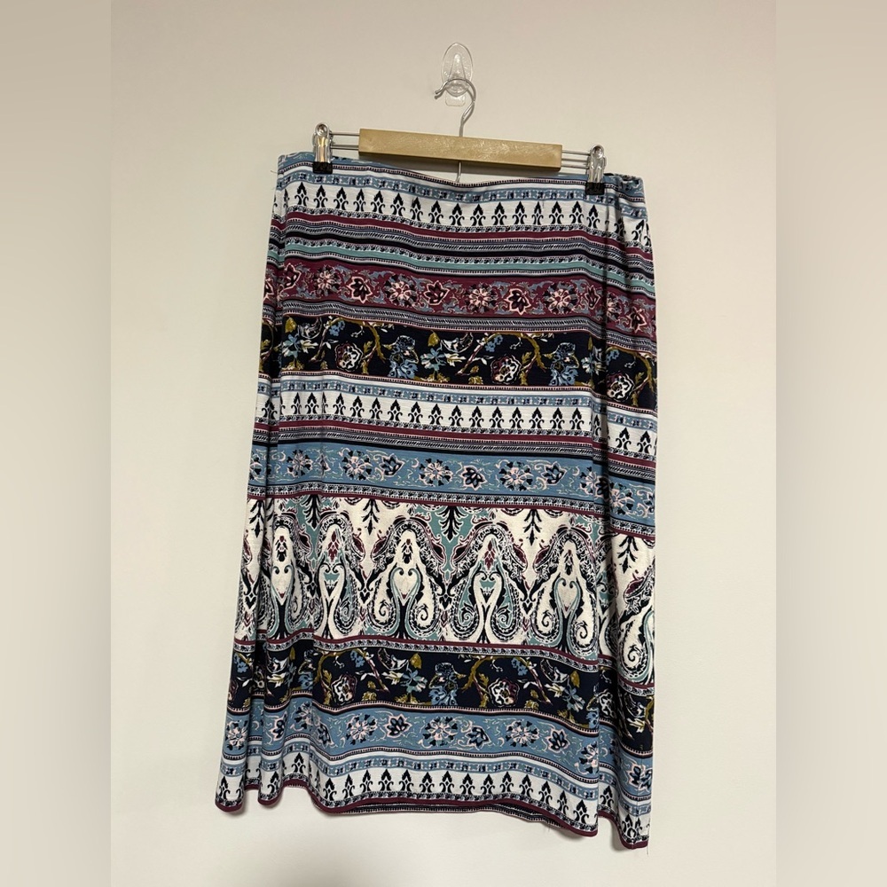 J. Jill Boho Floral Mixed Print Midi Skirt Size Large Stretch Casual Coastal